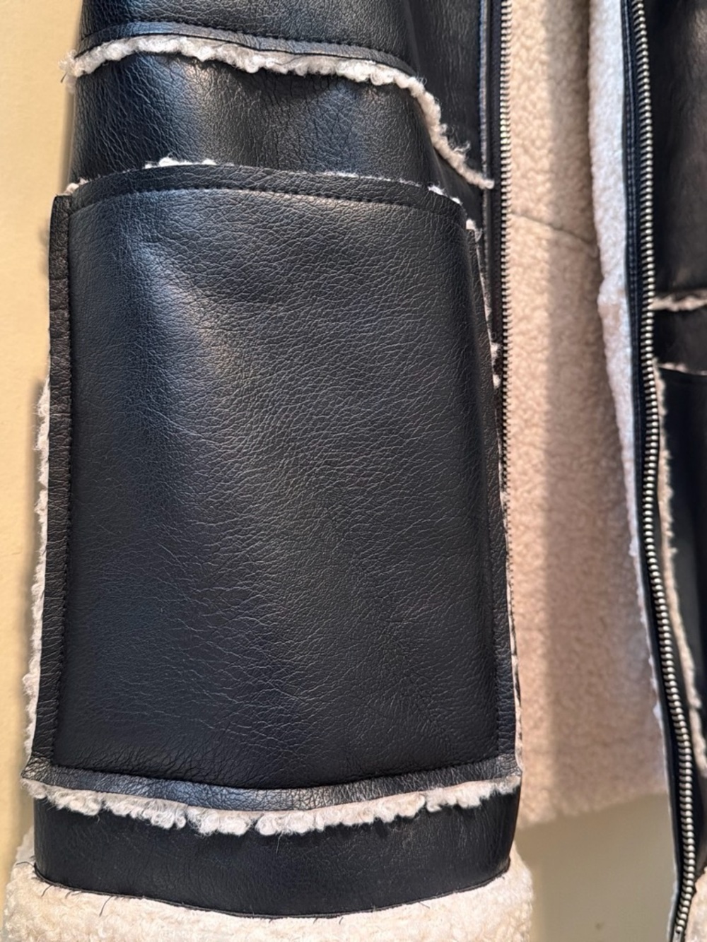 Abercrombie & Fitch Black Faux Leather Jacket with Cream Shearling Trim - Picture 4 of 5
